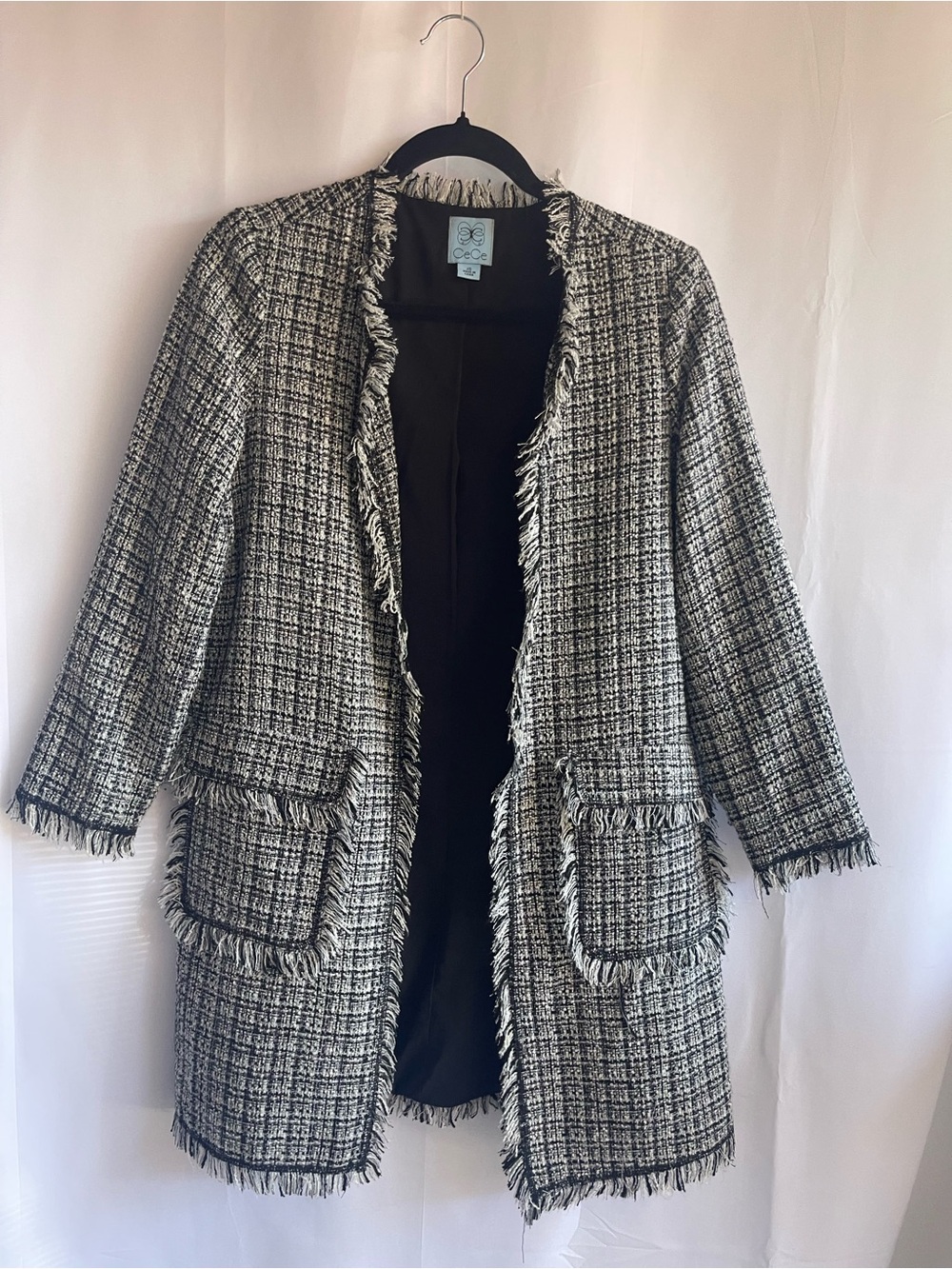 CeCe Black and White Tweed Fringe Open-Front Blazer